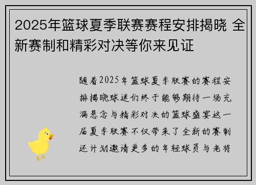 2025年篮球夏季联赛赛程安排揭晓 全新赛制和精彩对决等你来见证