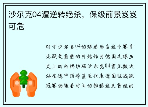 沙尔克04遭逆转绝杀，保级前景岌岌可危